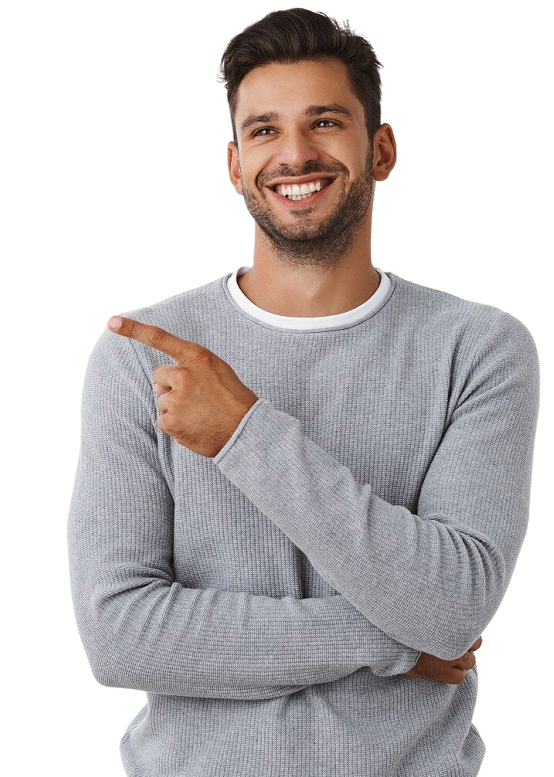 Man smiling and pointing to the left, wearing a grey sweater.