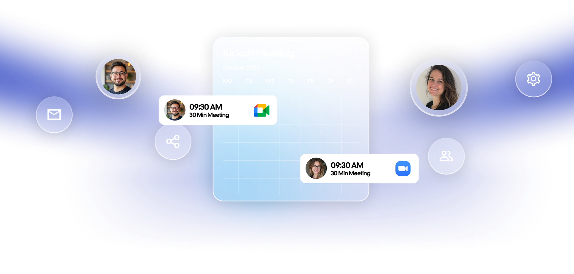 Network diagram with a gear icon at the center, connecting social media icons via blue lines.