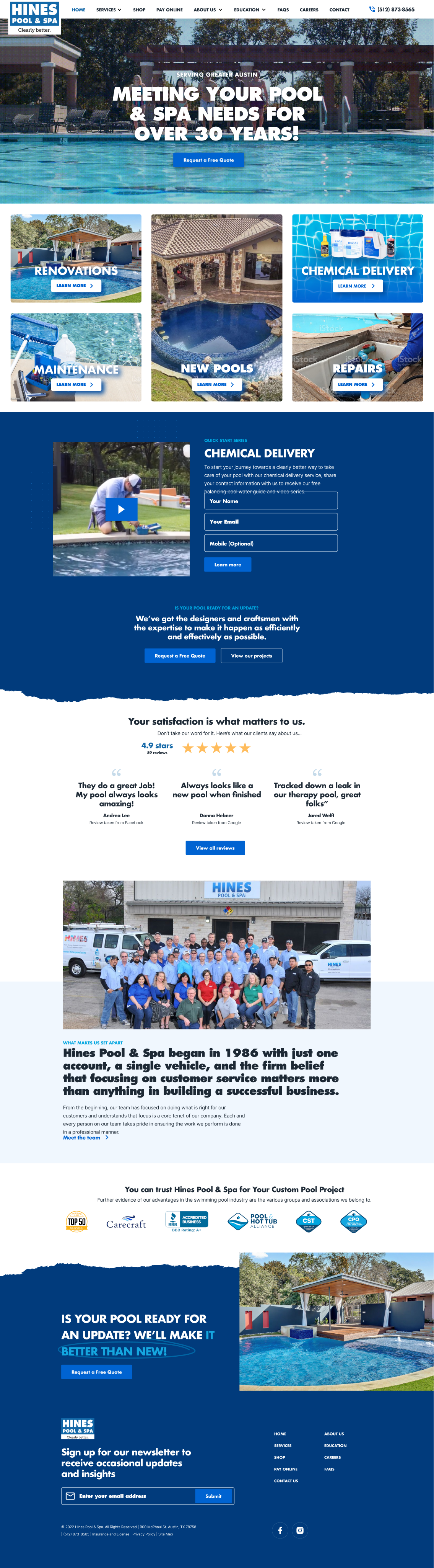 Website homepage with blue and white design, showcasing resort features and news updates.
