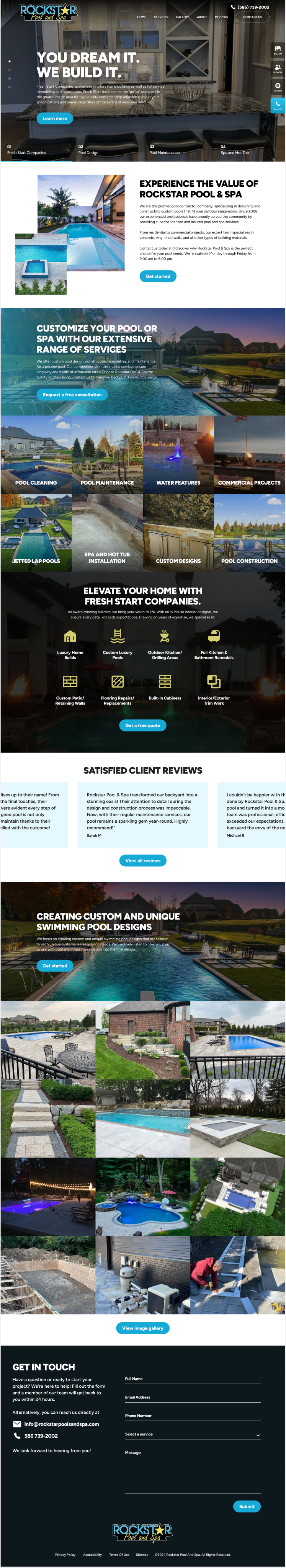 Website layout with header, sections of images and text, and a dark blue footer.