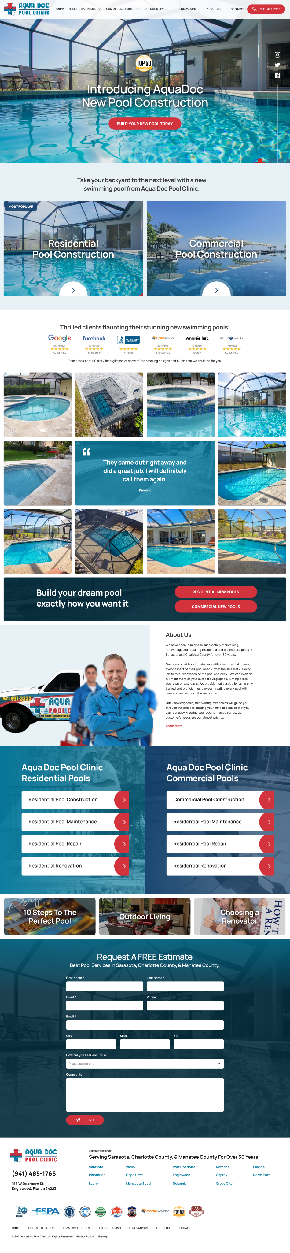 Website showcasing luxury pool designs with contact form.