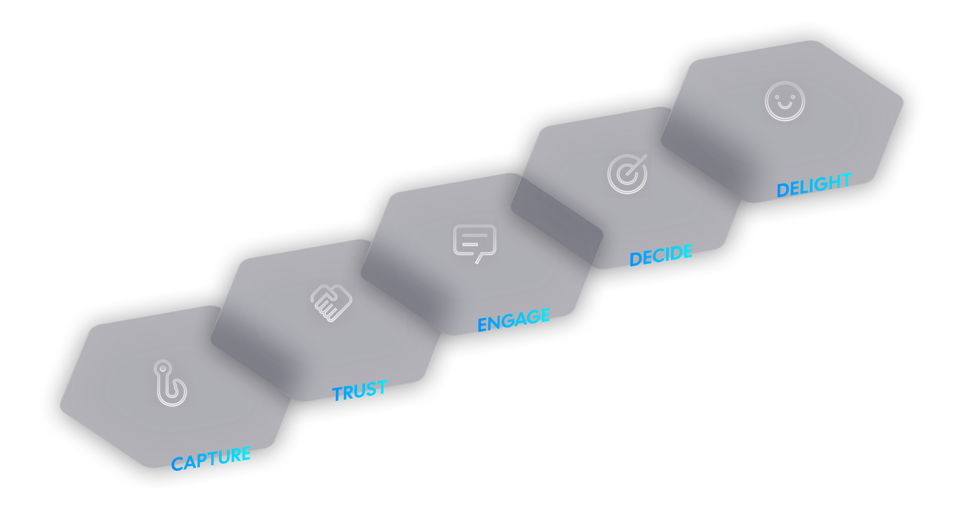 Hexagonal steps showing a customer journey: Capture, Trust, Engage, Decide, and Delight, in a light gray color.