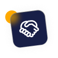 Dark blue square with white circular arrows, orange notification dot.