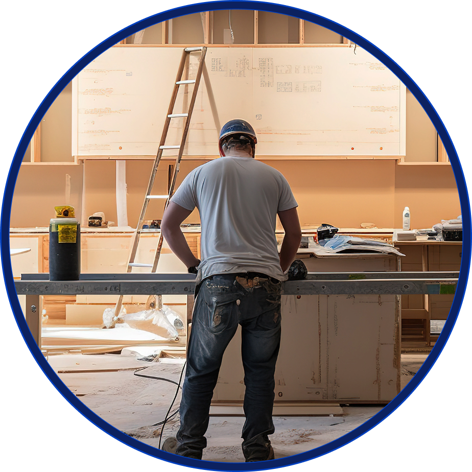 Yellow hard hat, level, and blueprints on table. Blurred figures shaking hands in the background.