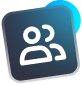 Icon of three people outlined in white on a blue-gradient square with a light-blue circle on top-right.