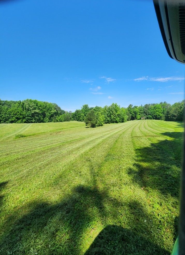 Freshly mowed green field under a bright blue sky, with trees along the horizon and a small roof edge at right.