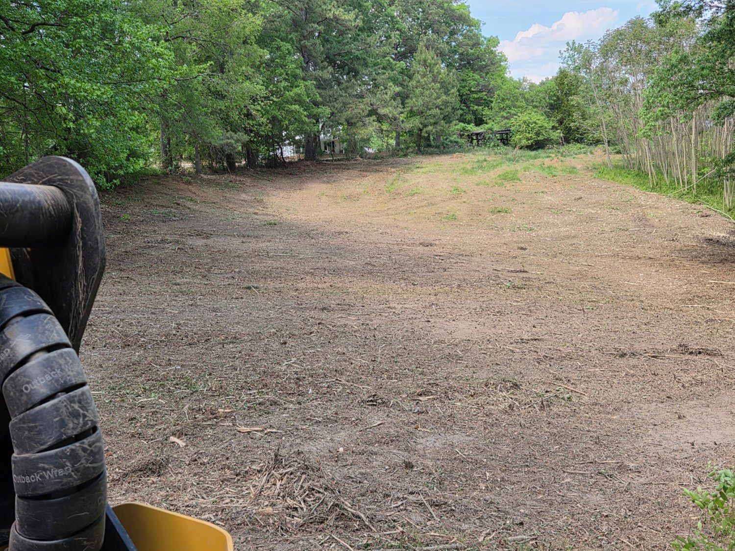 Cleared dirt path through trees and brush, with a bicycle handlebar visible at the left edge