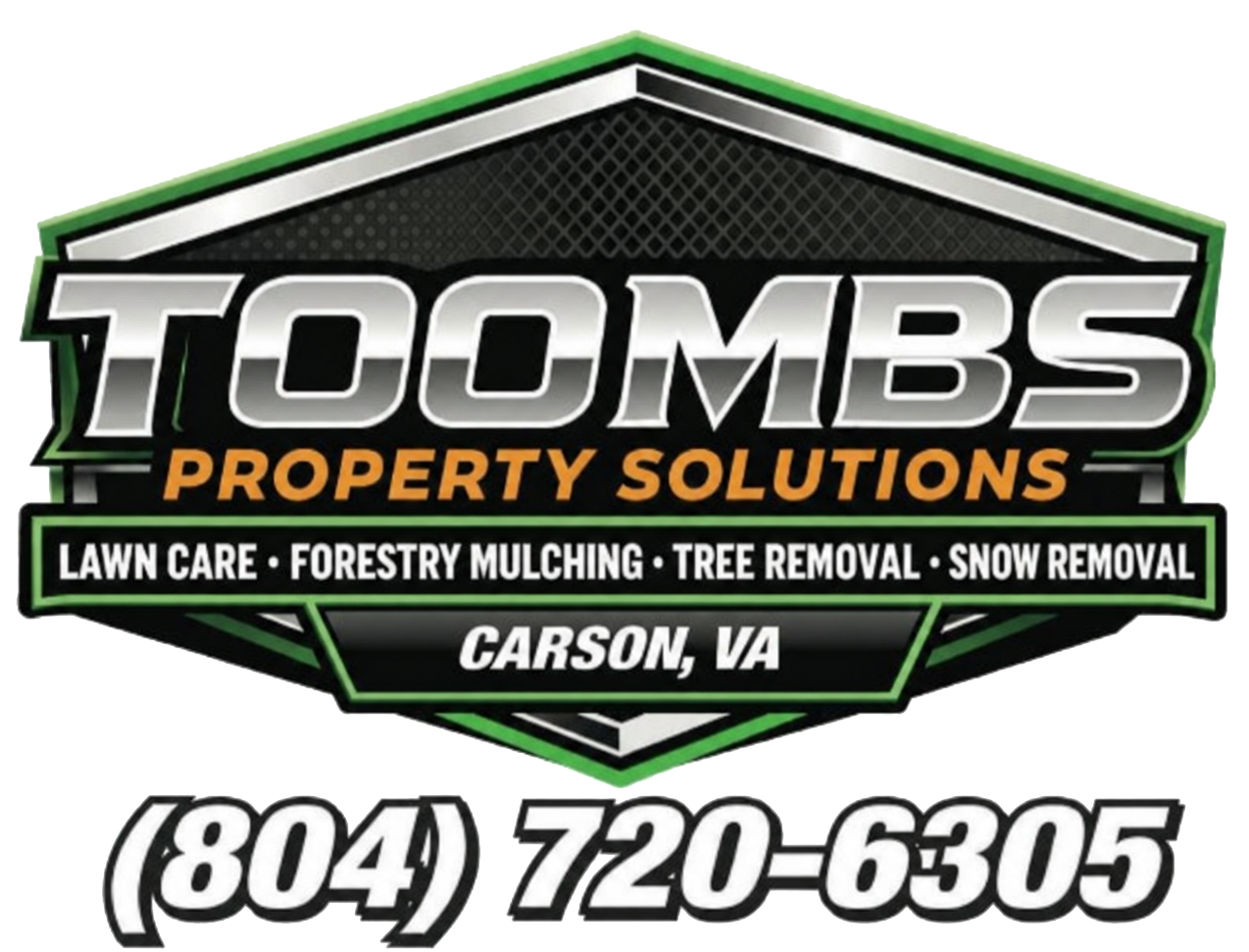 TOOMBS Property Solutions logo with lawn care, forestry mulching, tree removal, snow removal, Carson, VA, and phone number