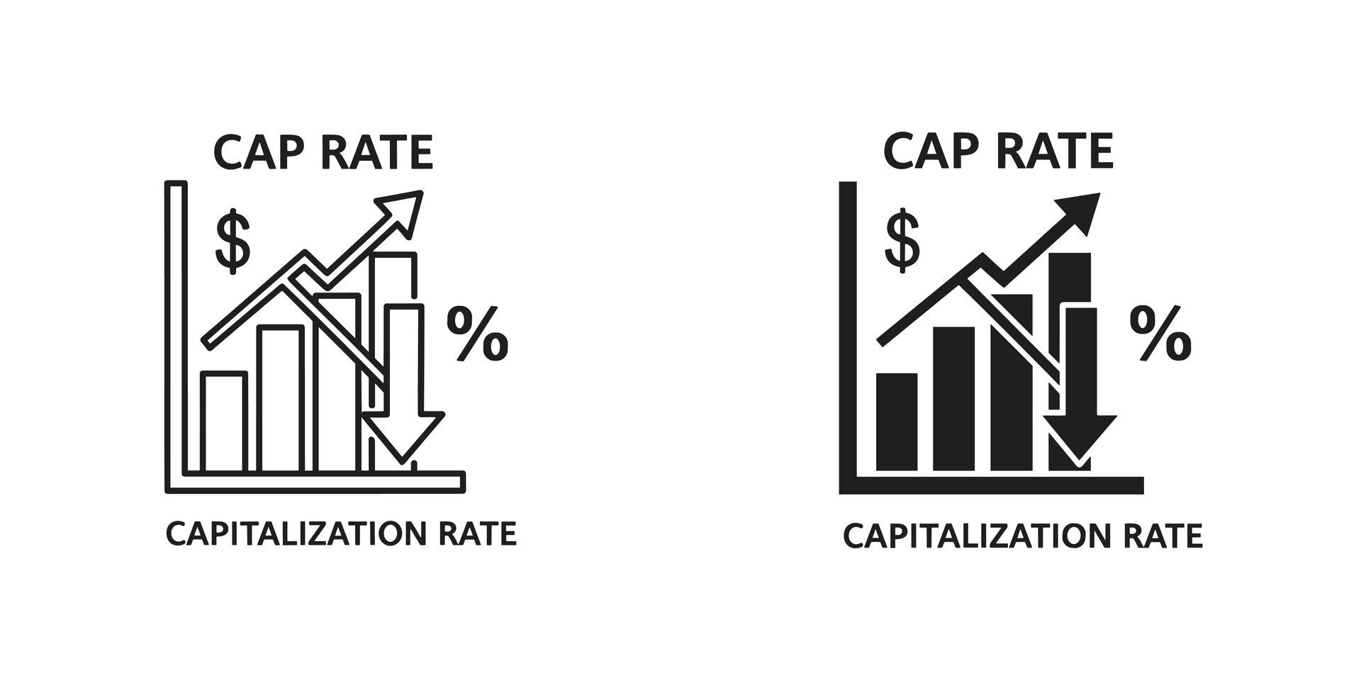 Two variations of a Cap Rate logo showing a rising bar chart for money and a falling arrow for percentage.