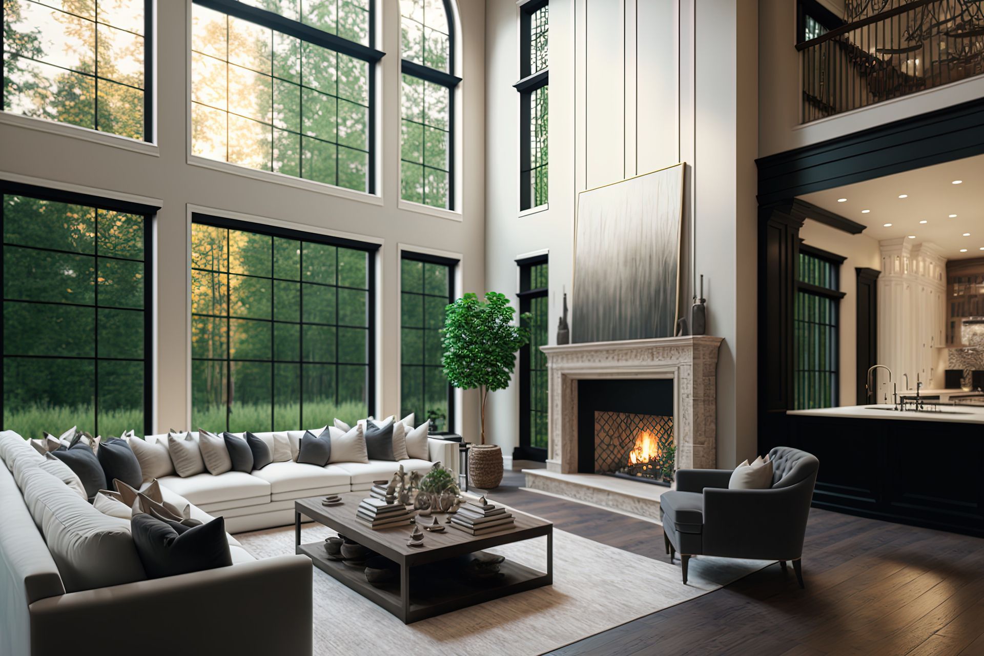 Modern living room with tall windows, gray sofas, a fireplace, and sleek black accents