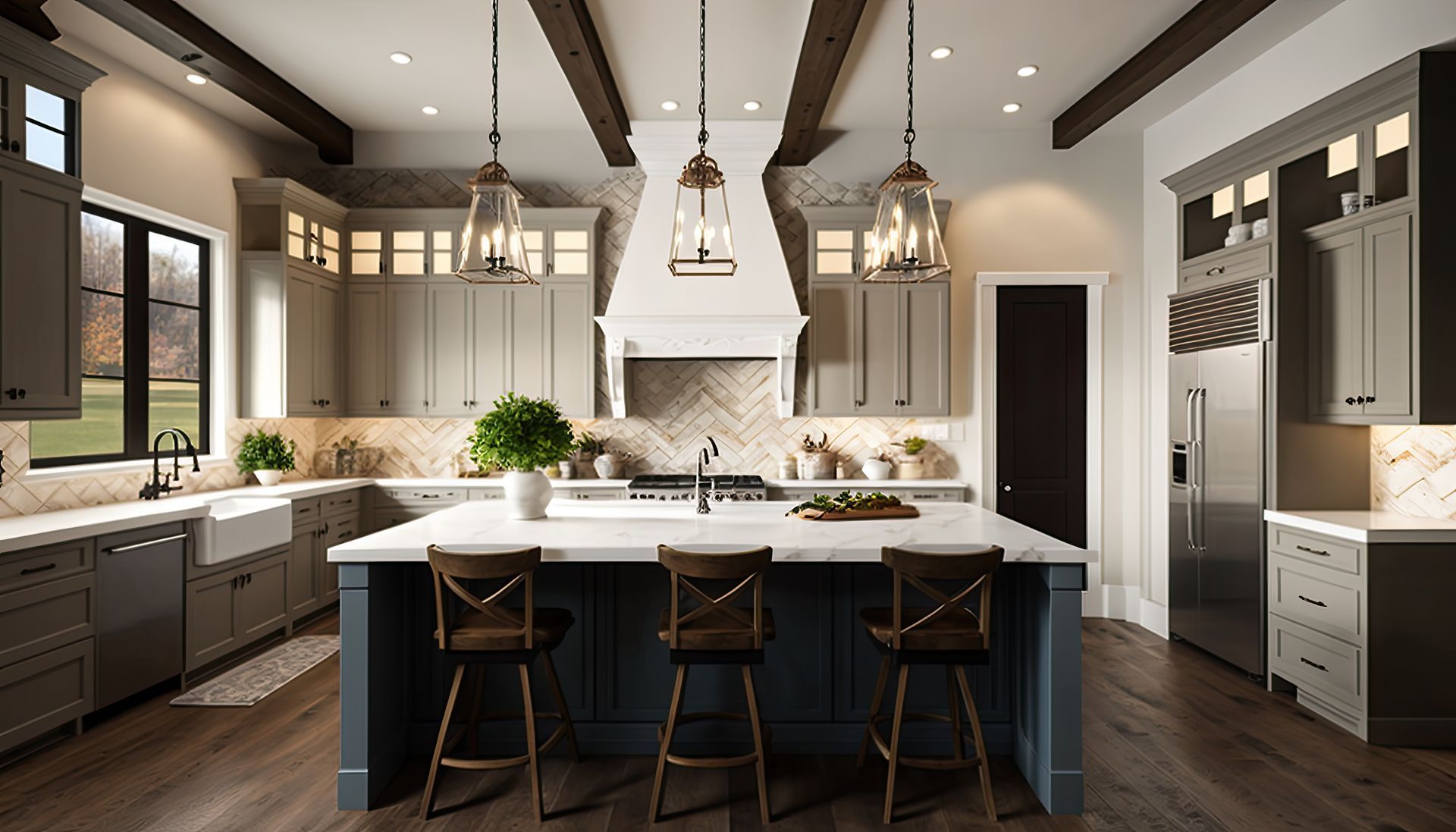 Modern kitchen with a large white island, dark wood floors, pendant lights, and gray cabinetry