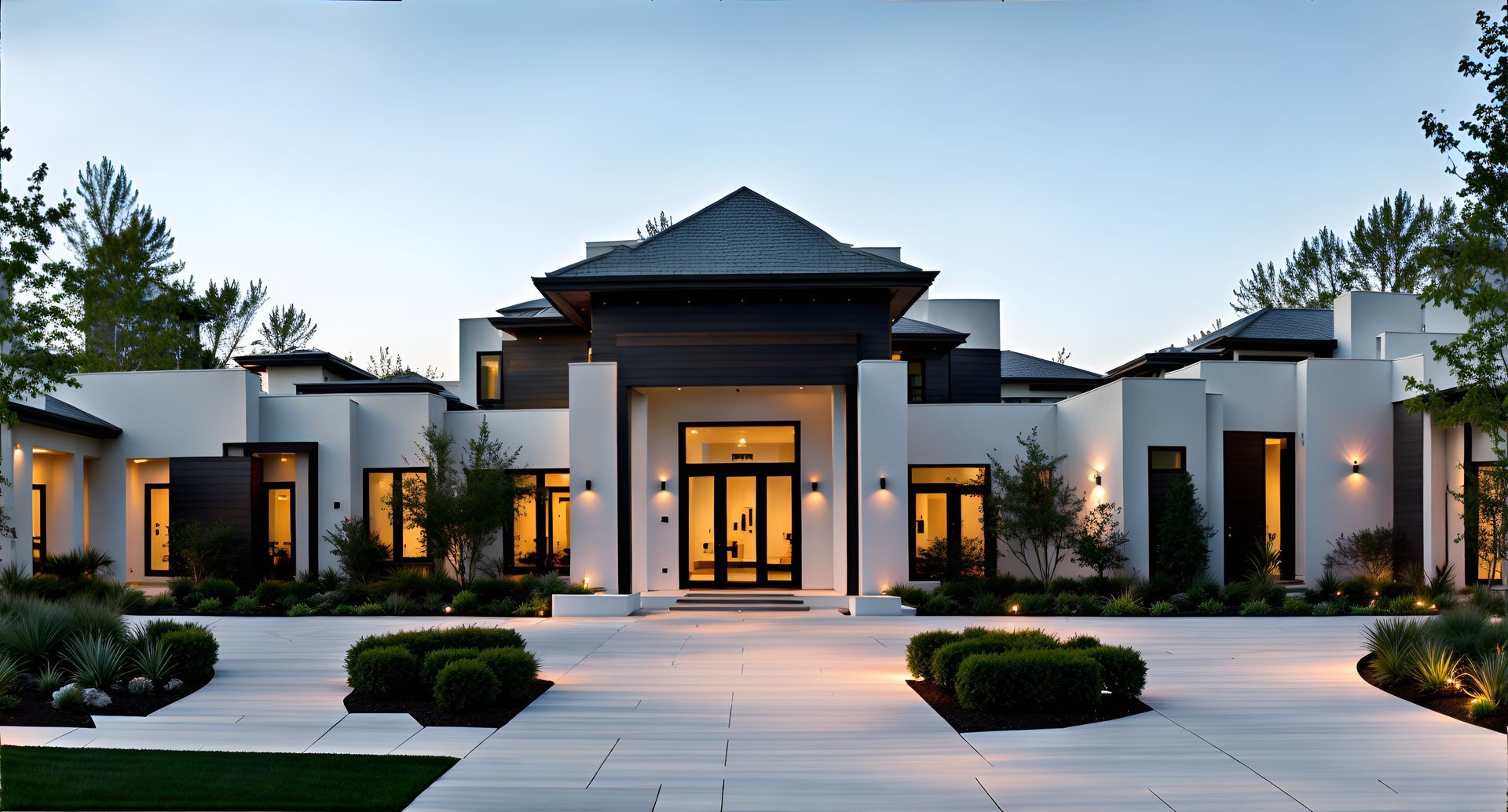 Modern luxury house with warm lights, symmetrical facade, and landscaped driveway at dusk