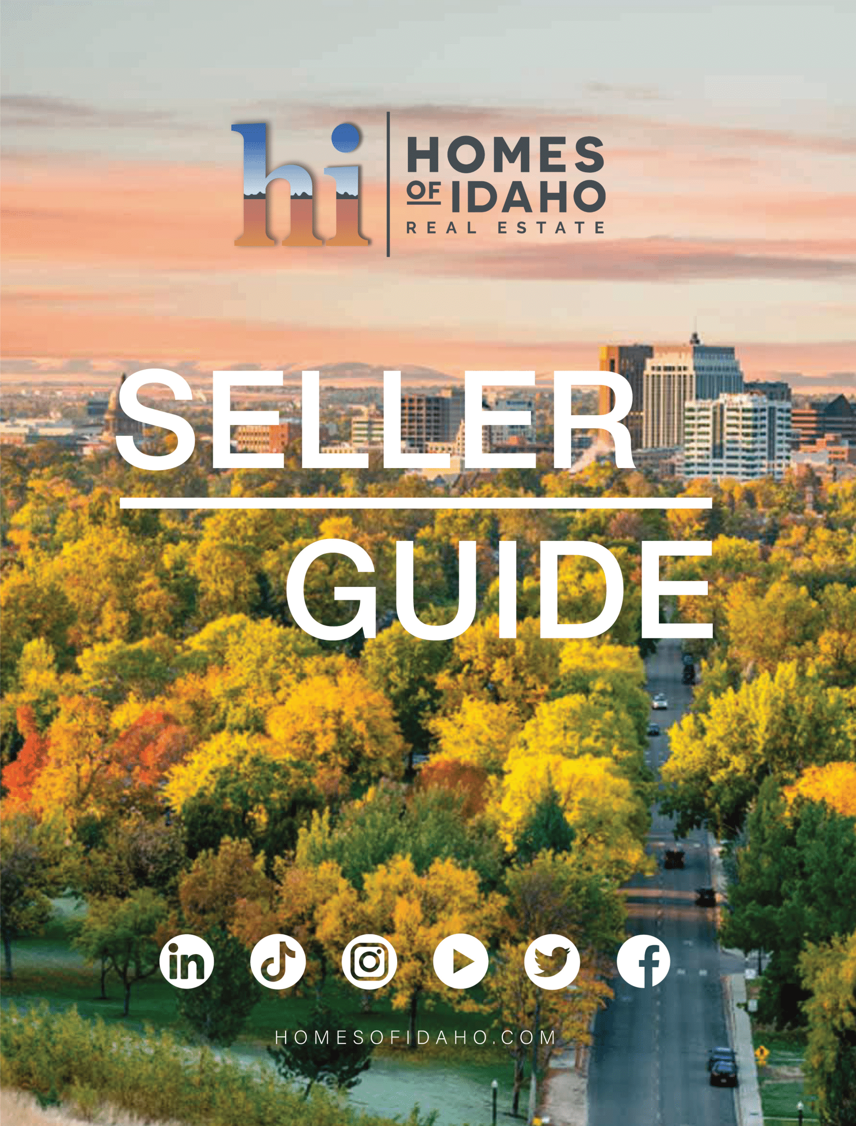 Homes Idaho Seller Guide cover with autumn city skyline and social media icons