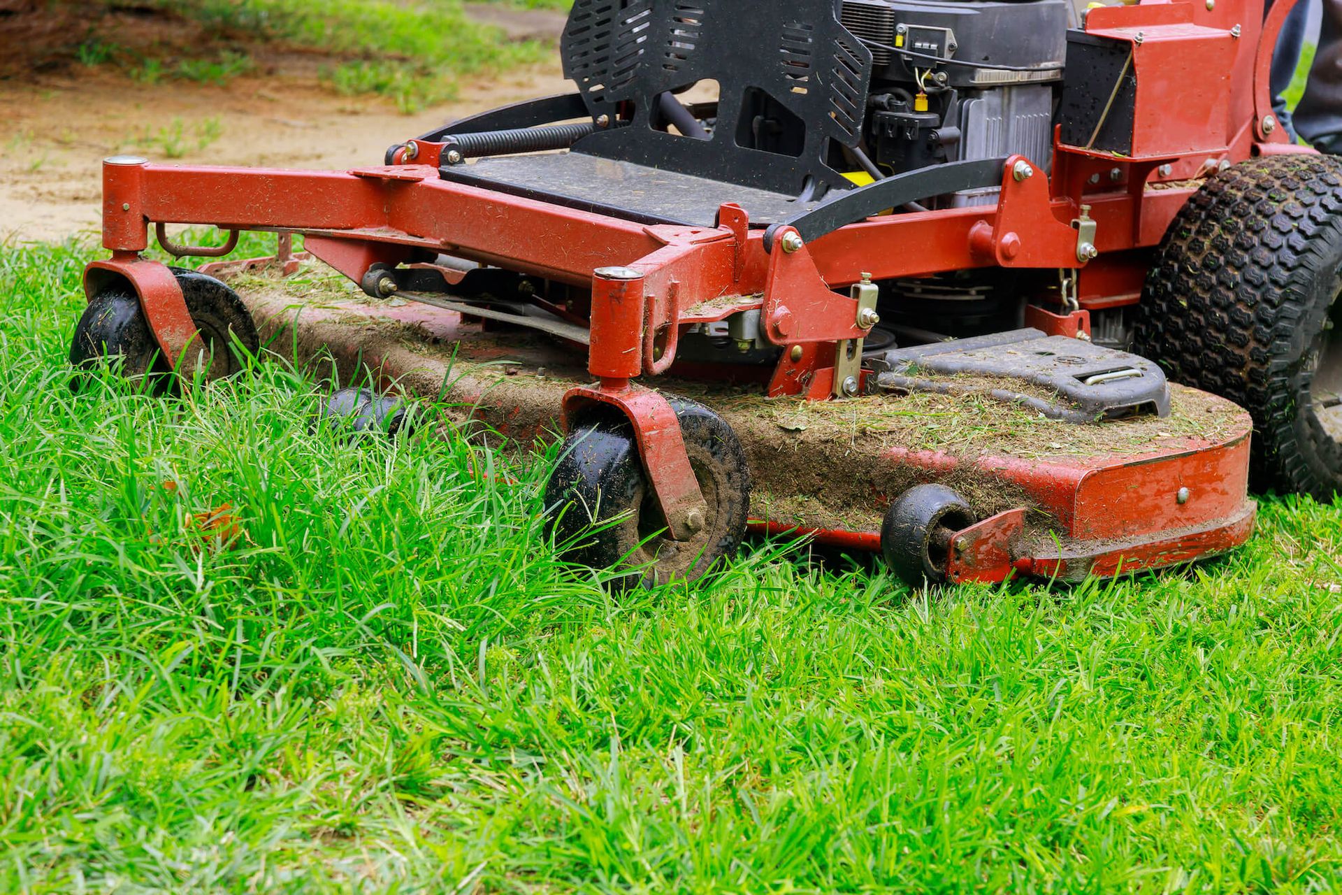 Red zero-turn lawnmower cutting green grass in a yard.