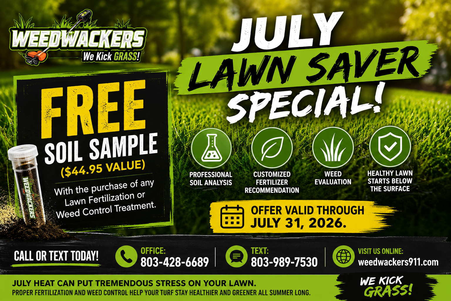 Weedwackers lawn care ad promoting free soil sample and fertilization special, green and yellow flyer