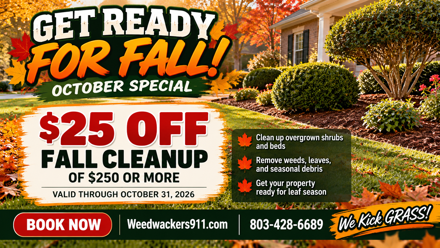 Fall lawn cleanup ad with autumn leaves, $25 off offer, and a house landscape backdrop.