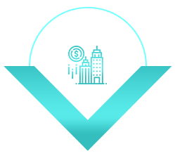 A blue arrow pointing to a city with buildings and a dollar sign.