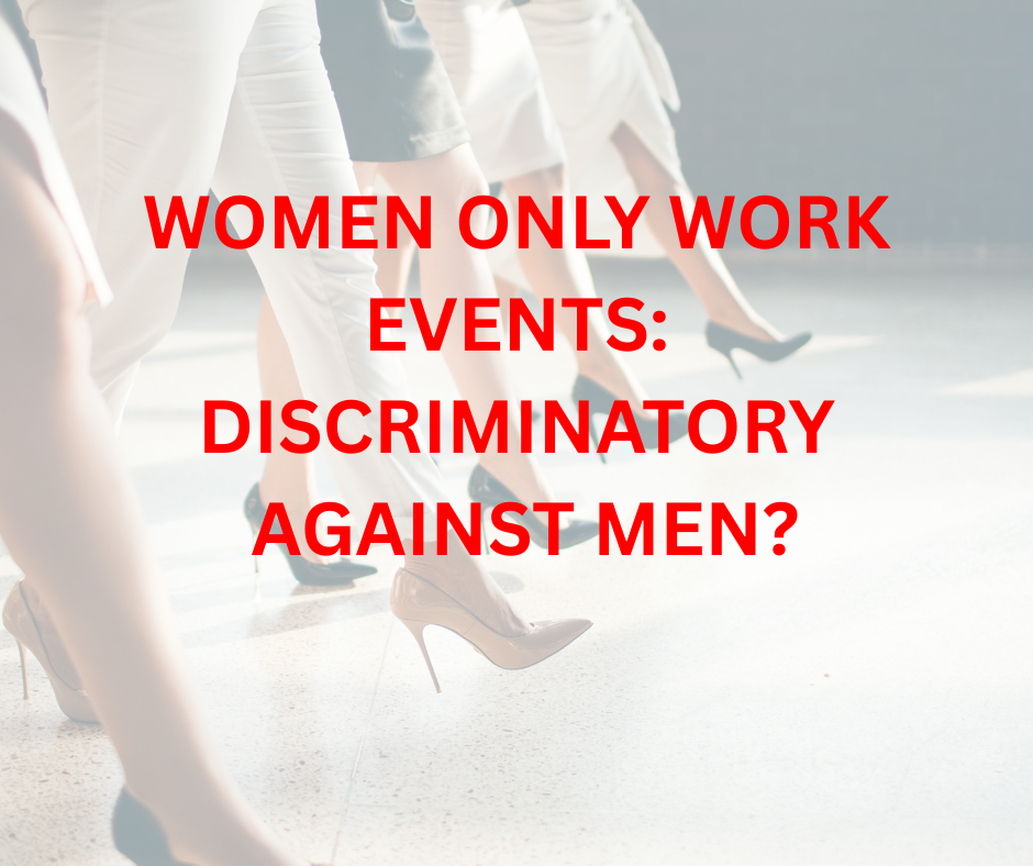Businesswomen walking forward in heels with red text reading “Women Only Work Events: Discriminatory