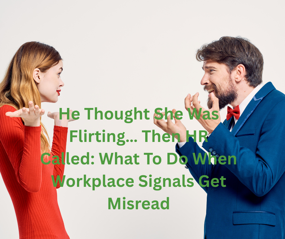 A woman and man in work attire. He shows confusion at misreading her signals for romance.