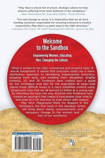 Book cover reading “PLAY NICE” with sandbox toys and the subtitle “Playground Rules for Respect in the Workplace”