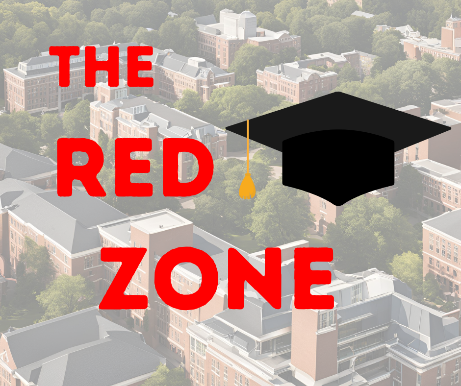 Picture of college campus with a grad hat and title about the Red Zone - risk of sexual assault