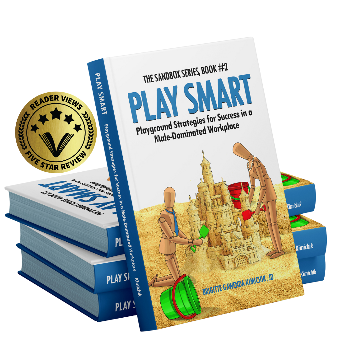 Stack of blue books with a white-and-blue “PLAY SMART” book cover and a gold award seal.
