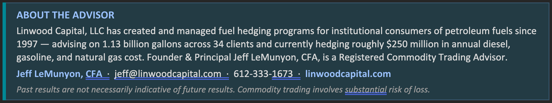 Dark teal “About the advisor” banner with small white text and a URL link.