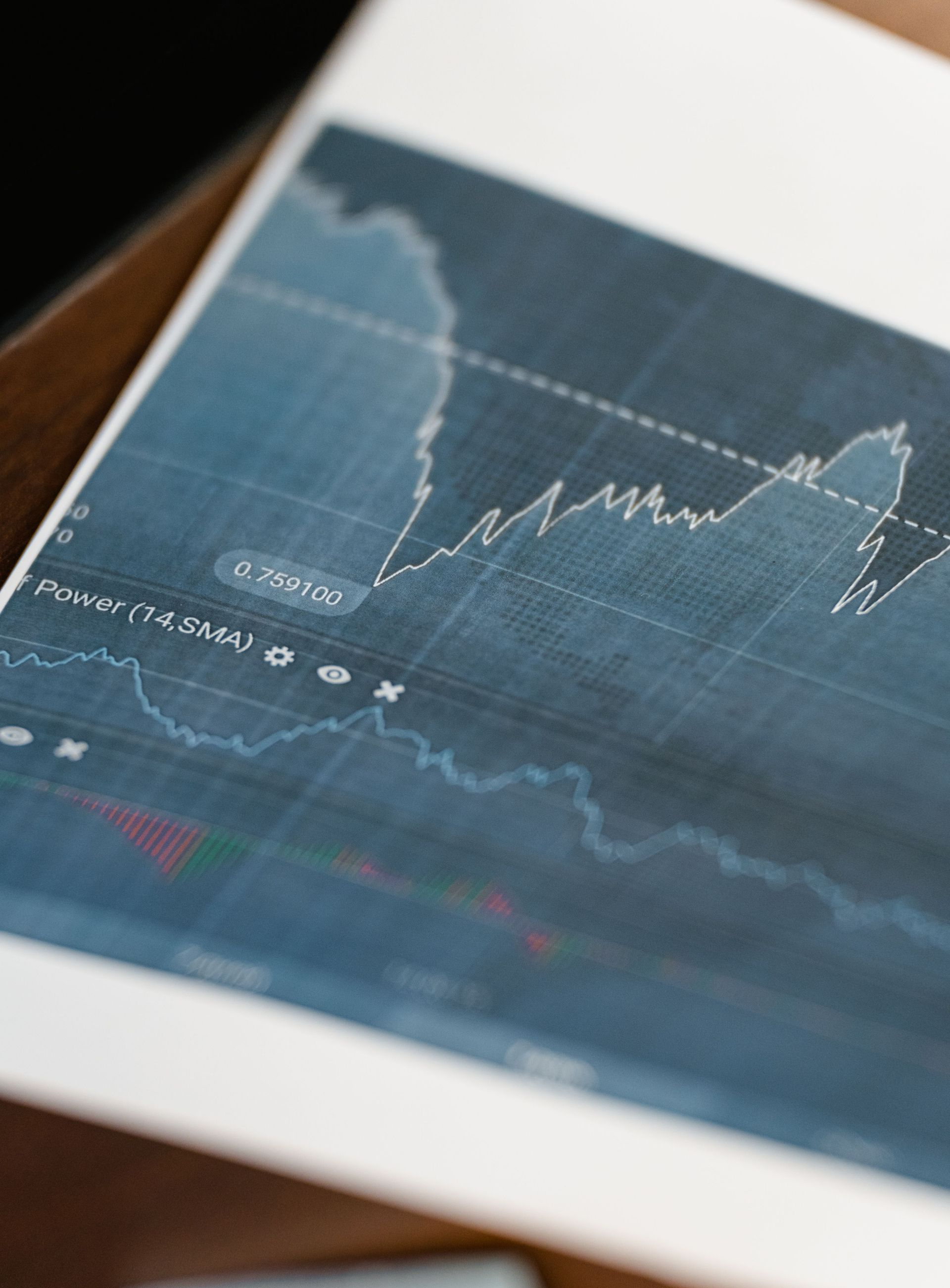 Financial chart with a white line graph on a blue screen, shown at an angle on a desk.