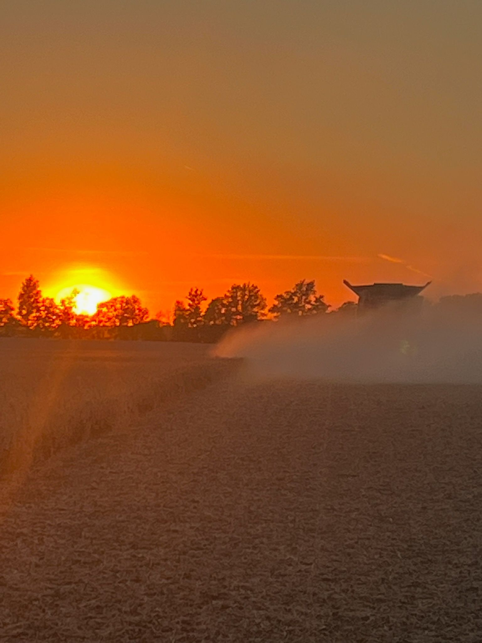 Combine harvester in field at sunset, kicking up dust; trees and bright orange sky.