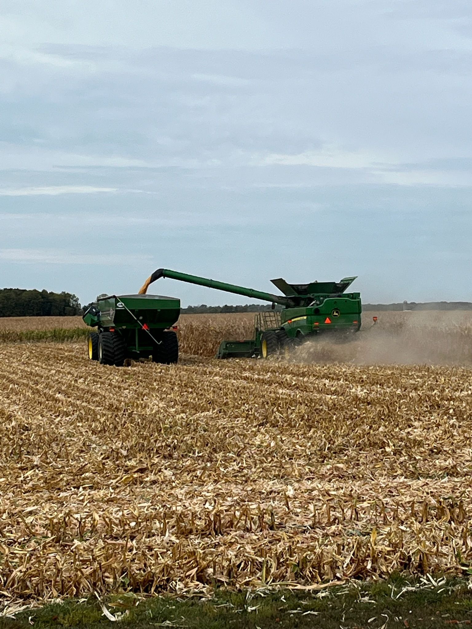 A green combine harvests corn, transferring it to a waiting tractor-trailer in a field. Cloudy sky.