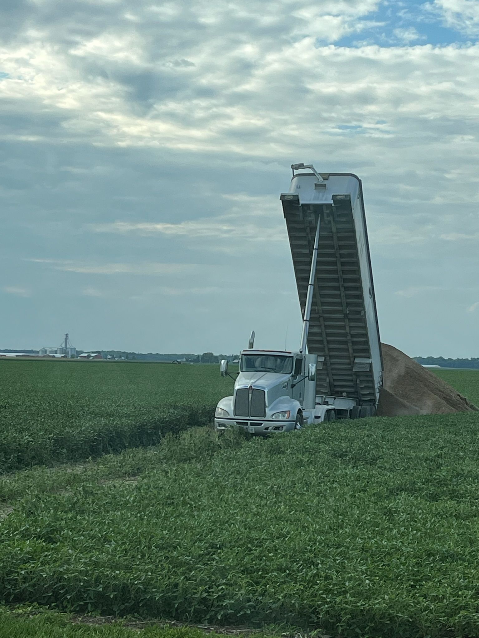 Dump truck unloading material into a field under cloudy sky.