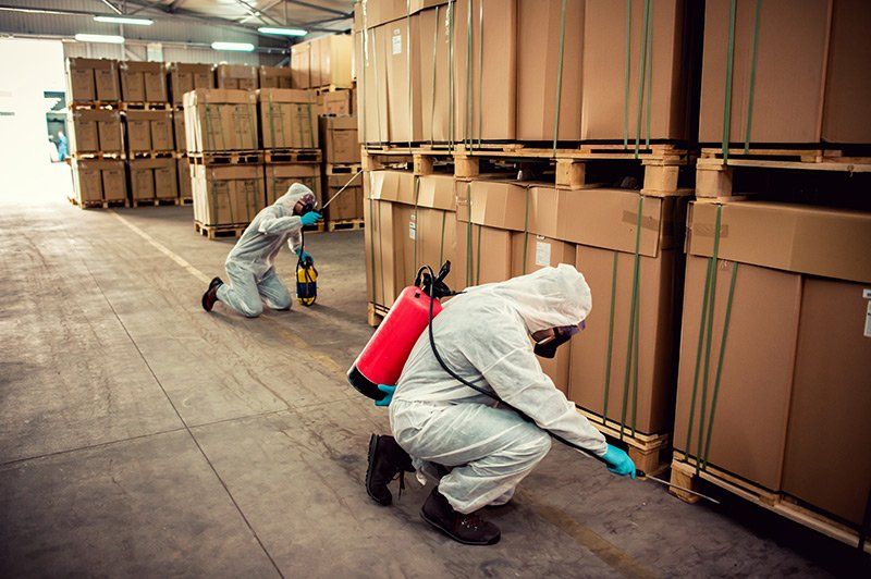 Exterminators in Warehouse Spraying Pesticides — East Bernard, TX — Scott's Pest Control Exterminators in Warehouse Spraying Pesticides — East Bernard, TX — Scott's Pest Control