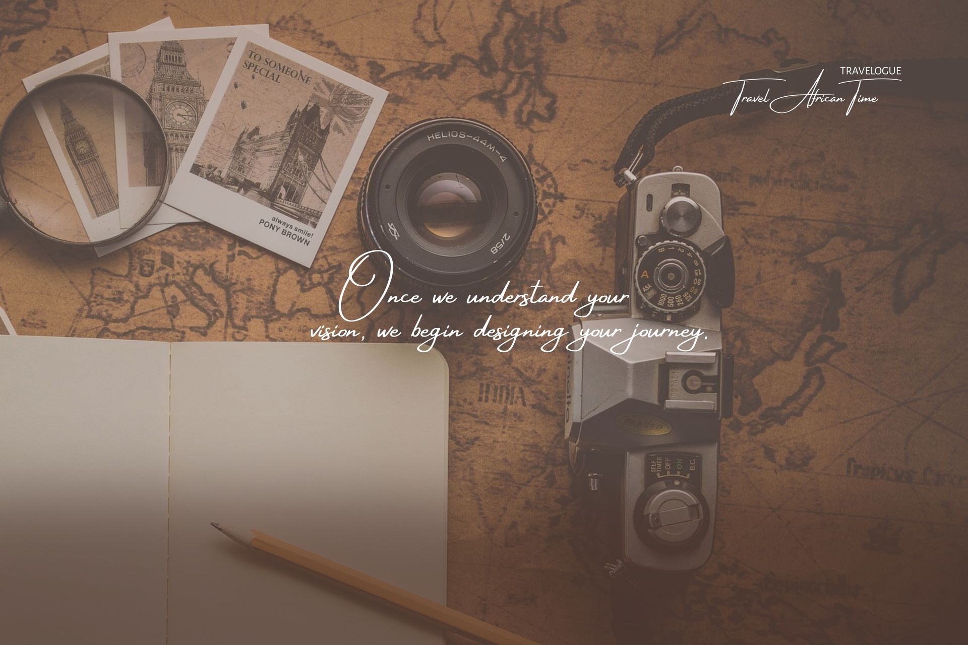Vintage camera, lens, magnifying glass, and sketches on a map background with the text, 