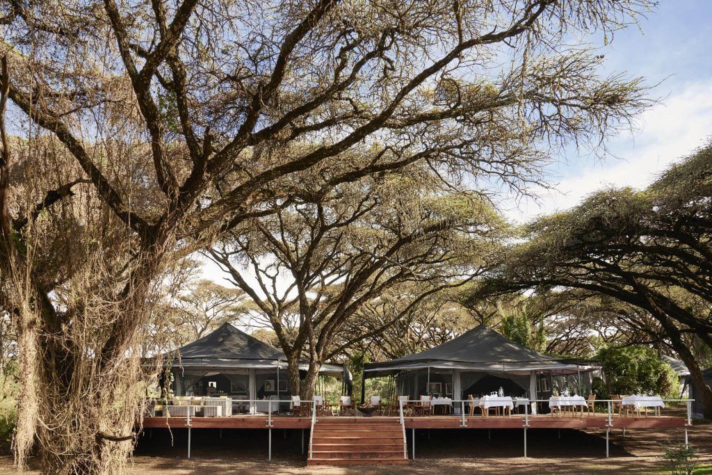 A house with a large deck is surrounded by trees.
