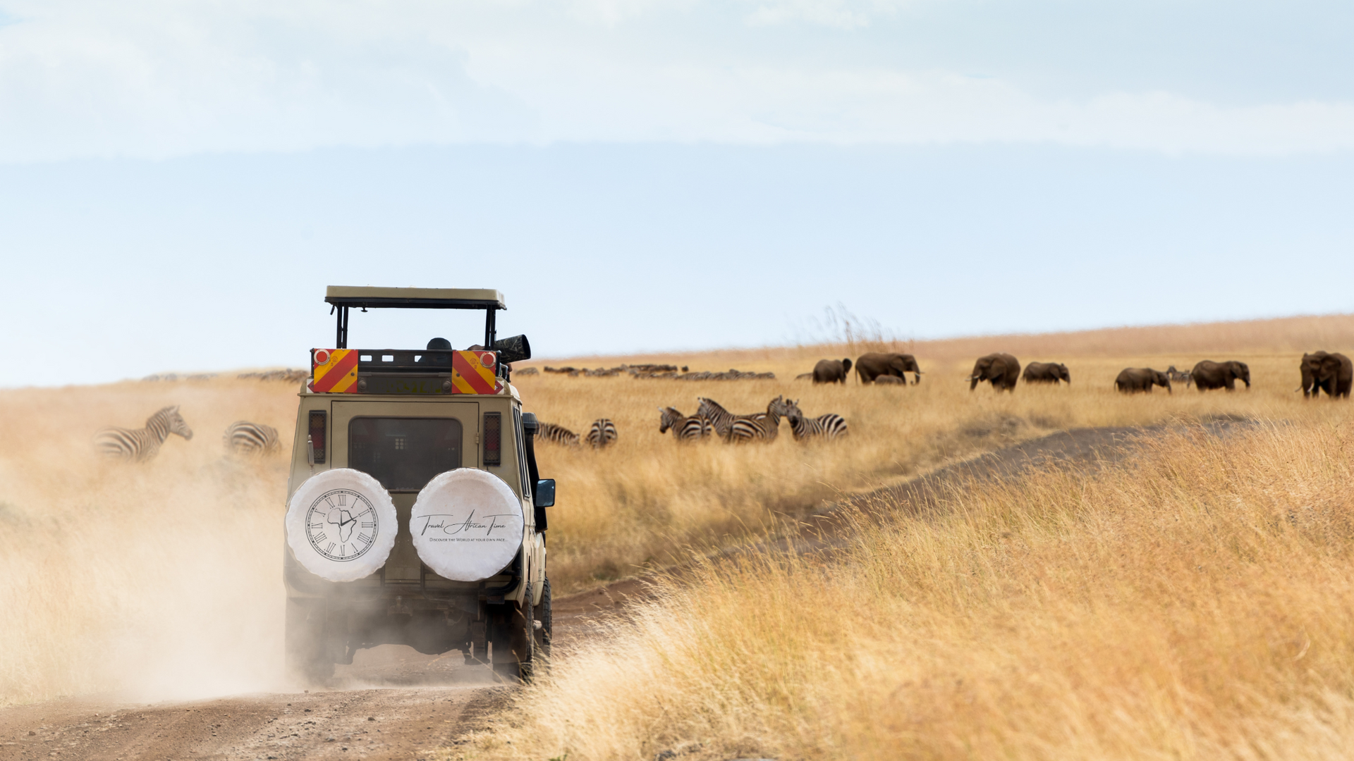 A safari vehicle drives on a dusty dirt road through a savanna, passing a group of elephants and zebras in the distance.
