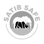 A black and white logo of an elephant and rhinoceros in a circle.