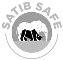 A black and white logo with two elephants and a rhinoceros in a circle.