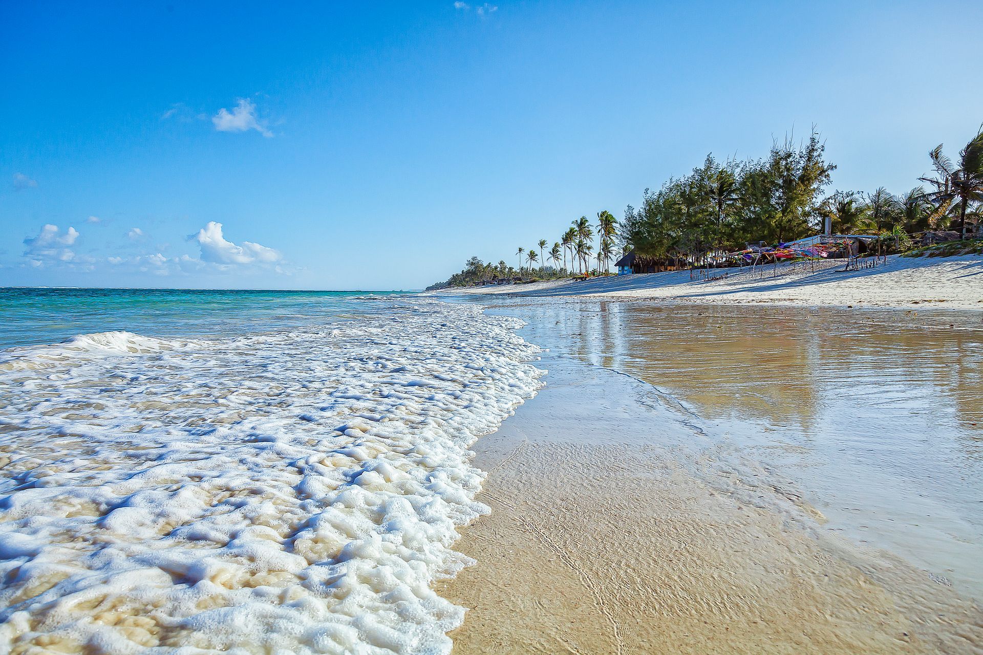 A beach with waves crashing on the sand and trees in the background.