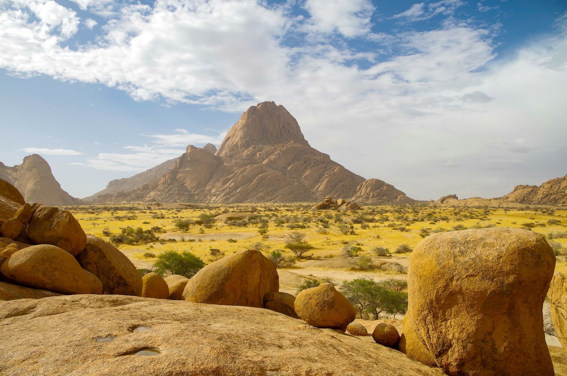 A desert landscape with rocks and mountains in the background