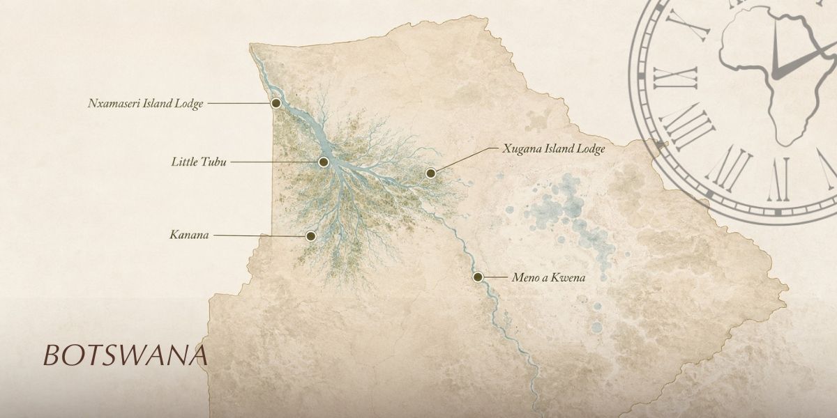 Map showing the locations of five hidden luxury safari lodges across Botswana.