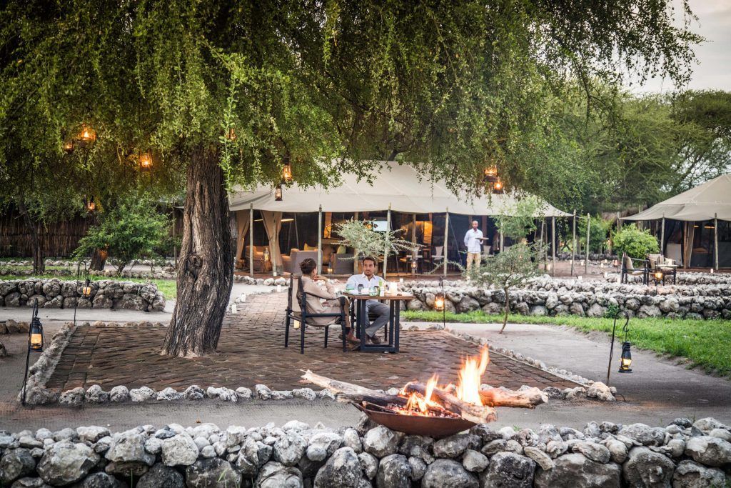 A fire pit is sitting under a tree in front of a tent.