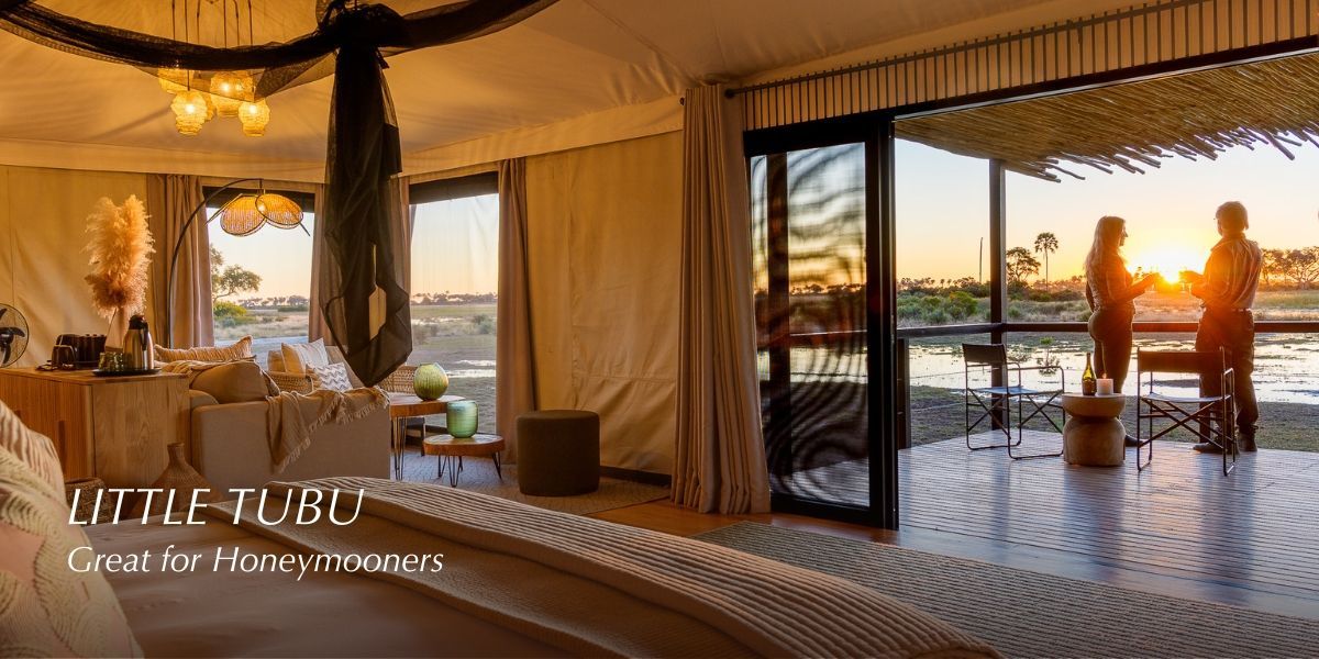 Luxury tent overlooking seasonal floodplains in Botswana.