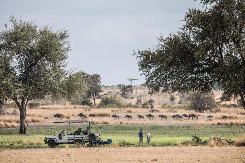 A group of people standing next to a jeep in a field.