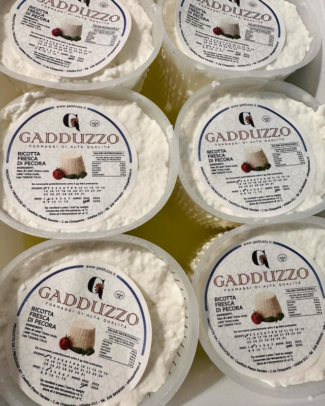 Six GADDUZZO cheese tubs with white labels arranged in a close-up display on a yellow surface