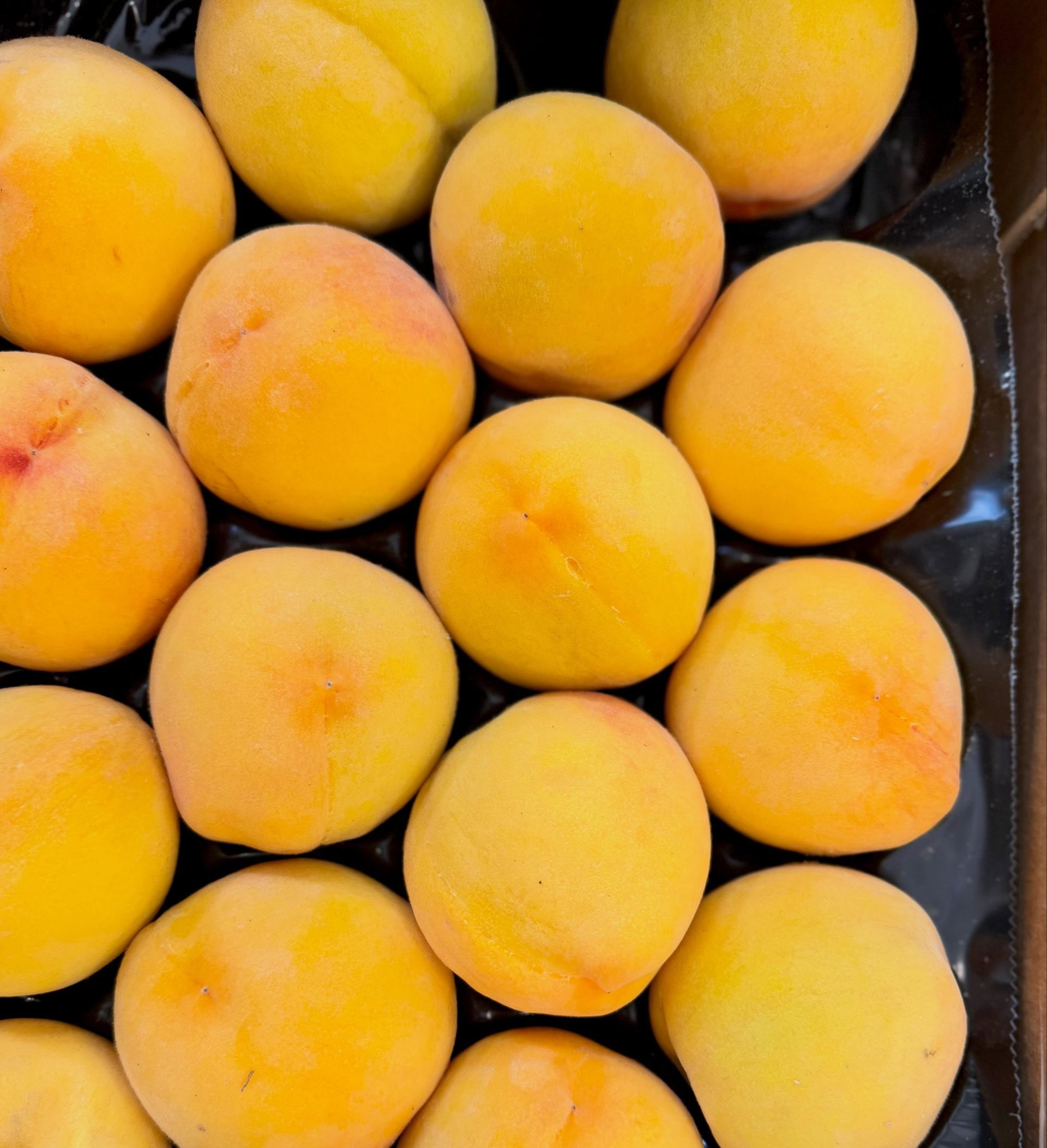 Yellow peaches piled in a crate, with orange blush on their skins.