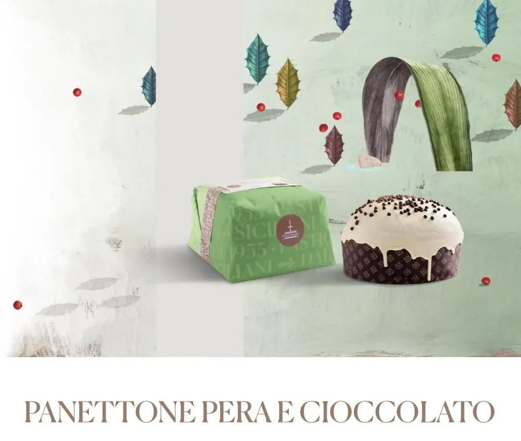 Panettone pera e cioccolato on a white background with illustrated leaves and cake slices