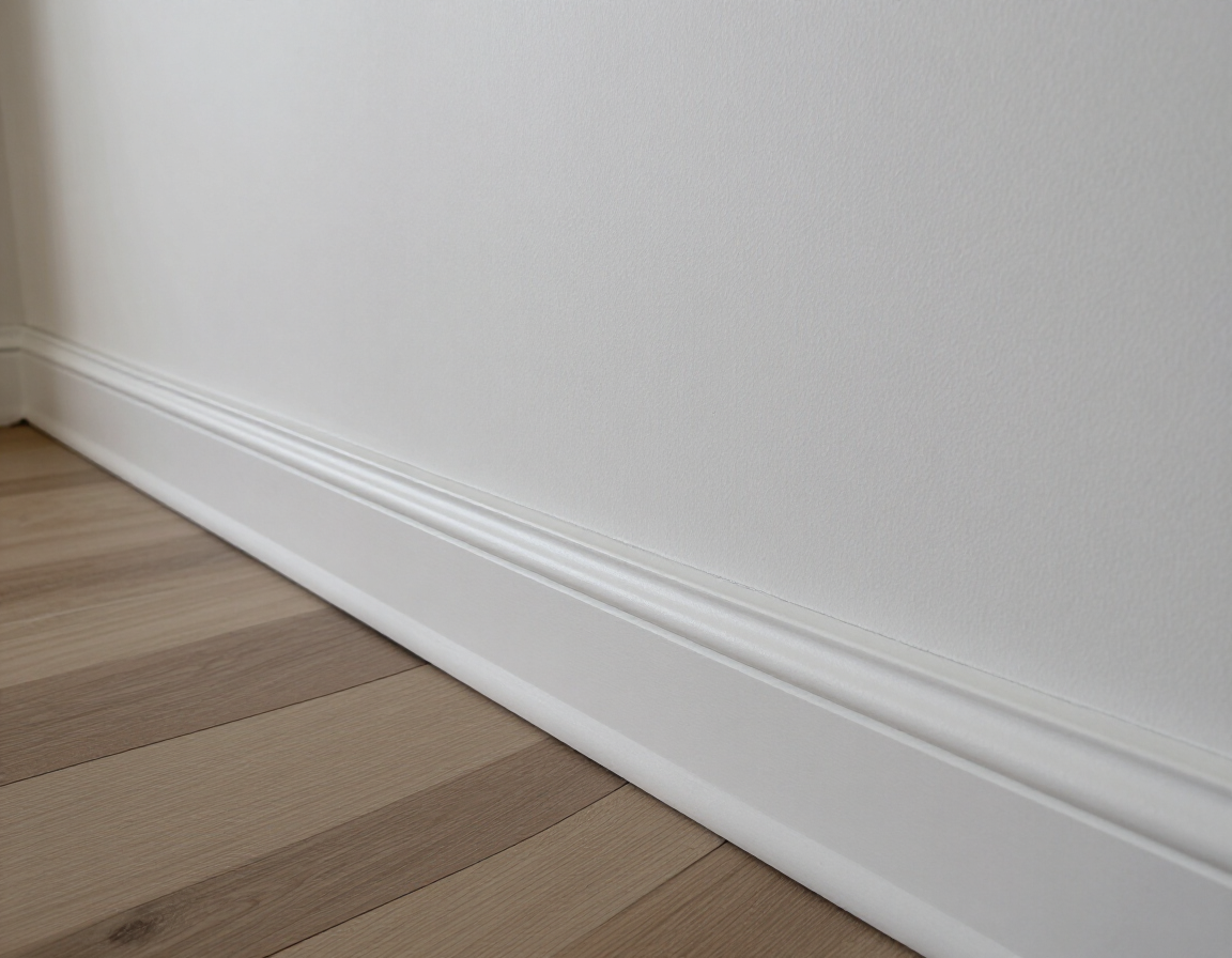 White baseboard along a light wall above a wood floor