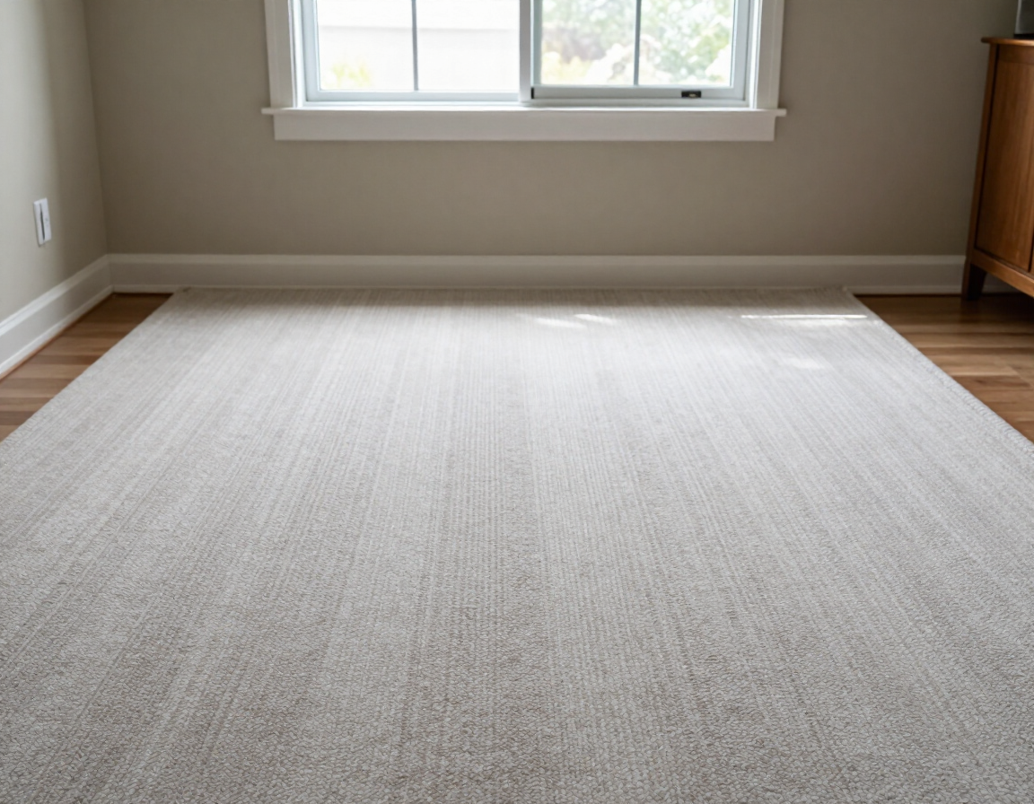 Empty carpeted room with beige walls, a window, and a dresser along one side.