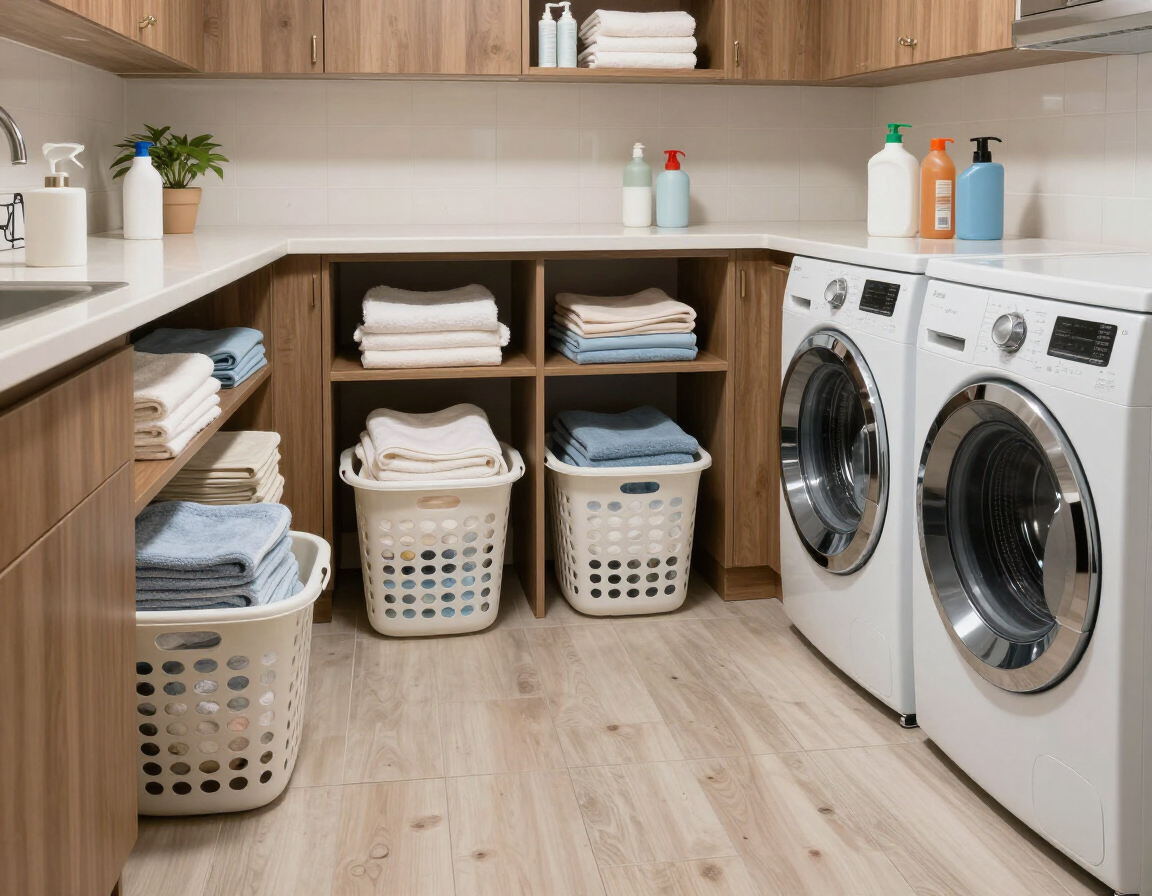 Modern laundry room with white washer and dryer, woven baskets, shelves, and wood cabinets