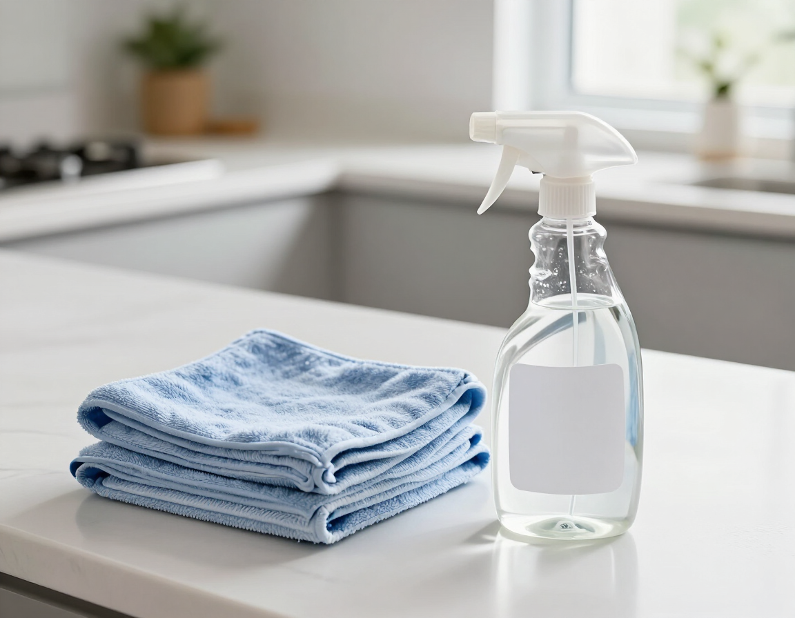 Blue folded towels beside a clear spray bottle on a kitchen counter